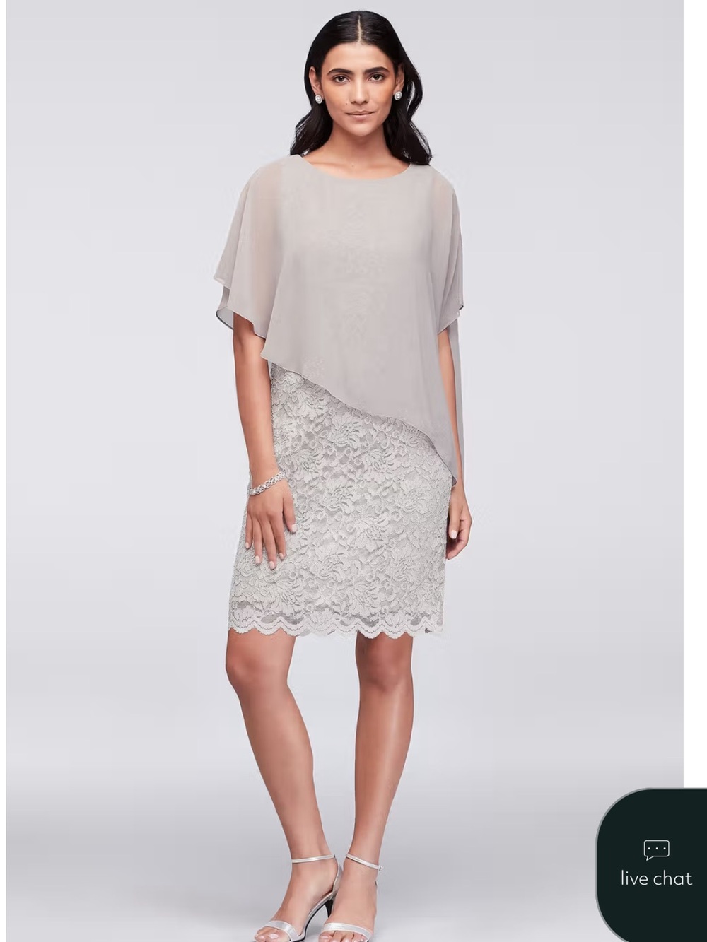 Alex Evenings Silver-Gray Lace Midi Dress with Chiffon Overlay